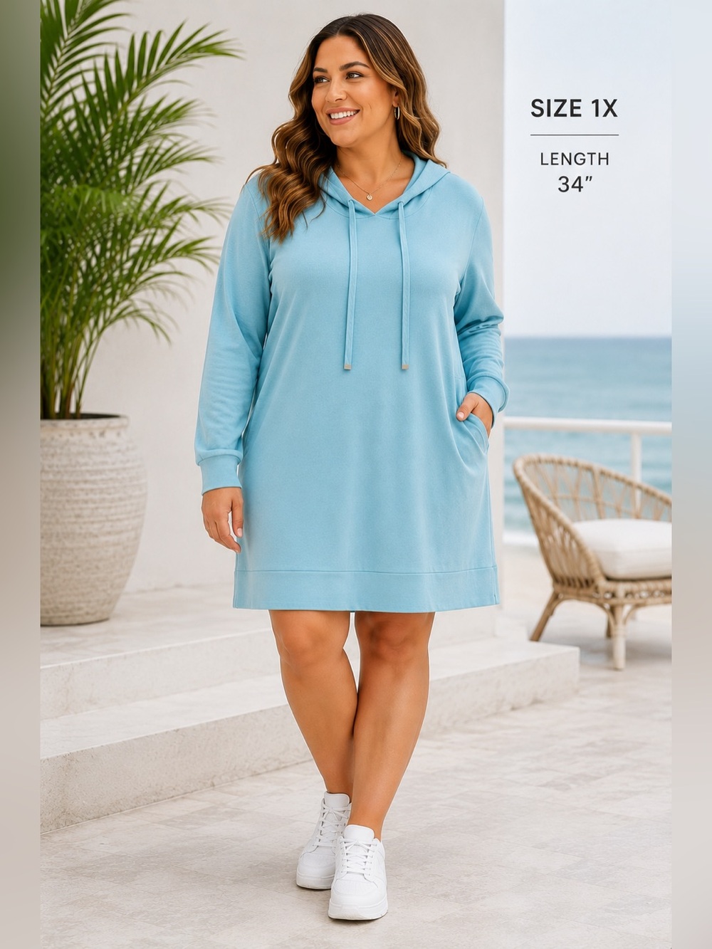 Cyrus Light Blue Green Hooded Women’s Size 1X Long Sleeve Dress Swim Cover Up